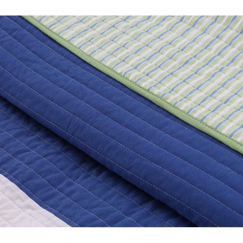 Close-up of Full/Queen Navy Blue/Green/Teal/White Stripe 100-Percent Cotton Quilt Set with striped design.