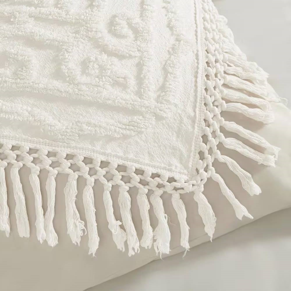 Full/Queen 100-Percent Cotton Chenille Bedspread with Fringe Hem in Off-White on display.