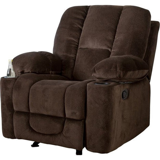 Traditional Upholstered Manual Reclining Sofa Chair w/ 2 Cup Holders and Footrest Brown in plush brown polyester fabric.