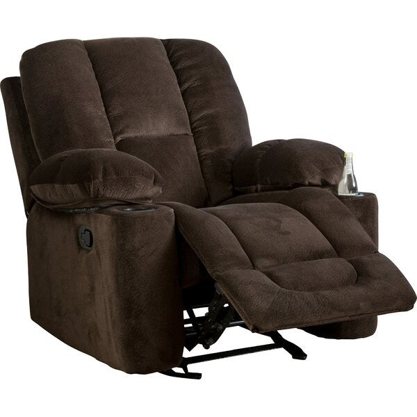 Traditional Upholstered Manual Reclining Sofa Chair w/ 2 Cup Holders and Footrest Brown in reclining position