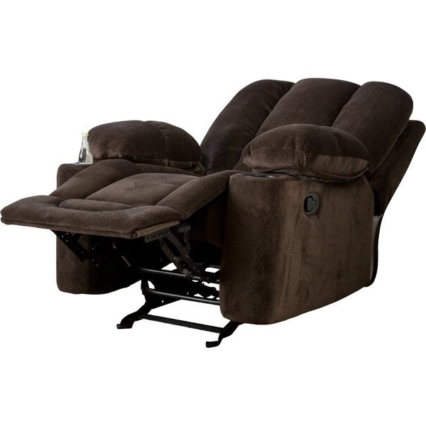 Traditional Upholstered Manual Reclining Sofa Chair w/ 2 Cup Holders and Footrest Brown in reclined position