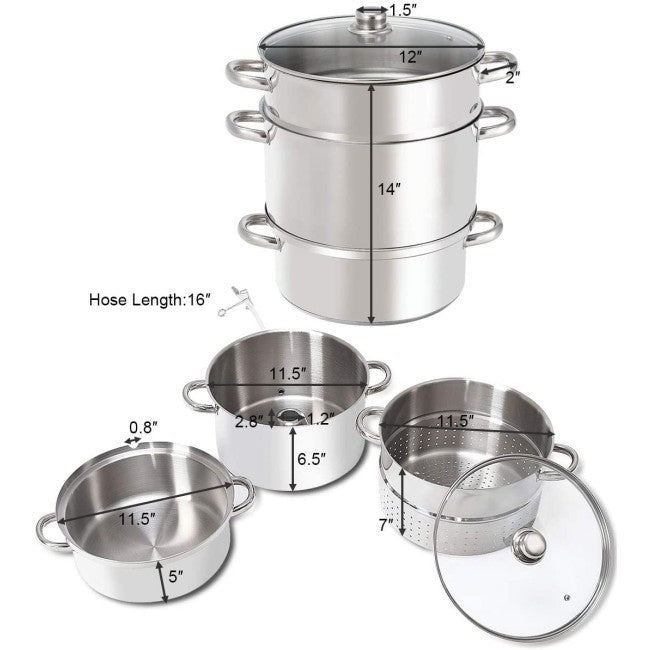 11 Quart Stainless Steel Steamer / Fruit Vegetable Juicer with dimensions and components displayed