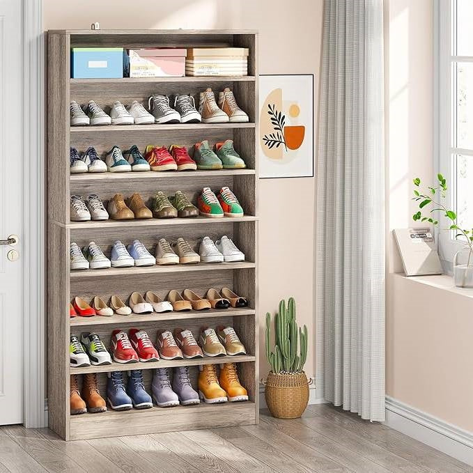 8-Shelf Shoe Rack Storage Cabinet in Grey Wood Finish - Holds Up To 45 Pairs, filled with colorful shoes in a modern room.