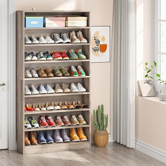 8-Shelf Shoe Rack Storage Cabinet in Grey Wood Finish - Holds Up To 45 Pairs, filled with colorful shoes in a modern room.