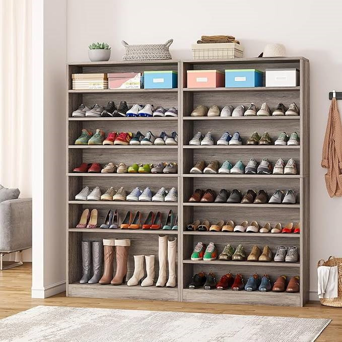 8-Shelf Shoe Rack Storage Cabinet in Grey Wood Finish - Holds Up To 45 Pairs, displaying various shoes in a room setting.
