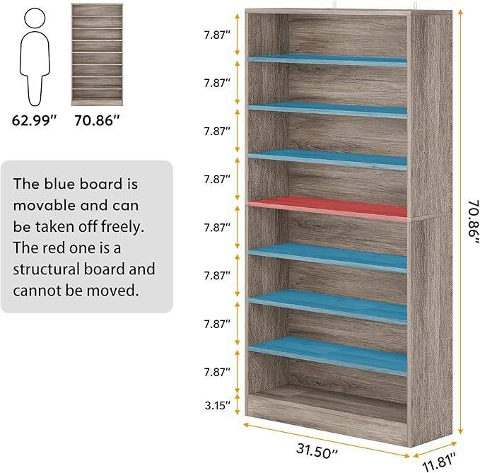 Dimensions and features of the 8-Shelf Shoe Rack Storage Cabinet in Grey Wood Finish - Holds Up To 45 Pairs.