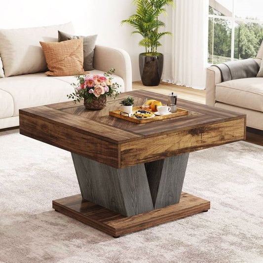 Square Farmhouse Coffee Table in Brown Black Wood Finish with rustic crisscross base in a modern living room setting.