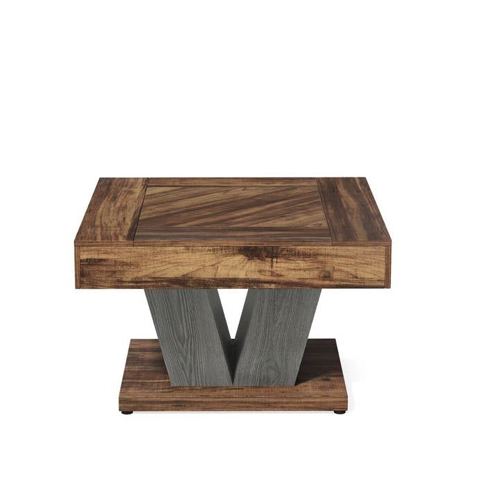Square Farmhouse Coffee Table in Brown Black Wood Finish with crisscross base and MDF tabletop.