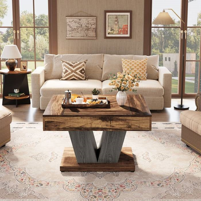 Square Farmhouse Coffee Table in Brown Black Wood Finish with rustic crisscross base in stylish living room setting.