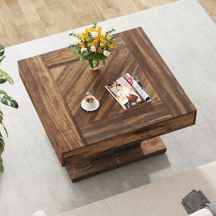 Square Farmhouse Coffee Table in Brown Black Wood Finish with crisscross base and rustic design in a living room setting.
