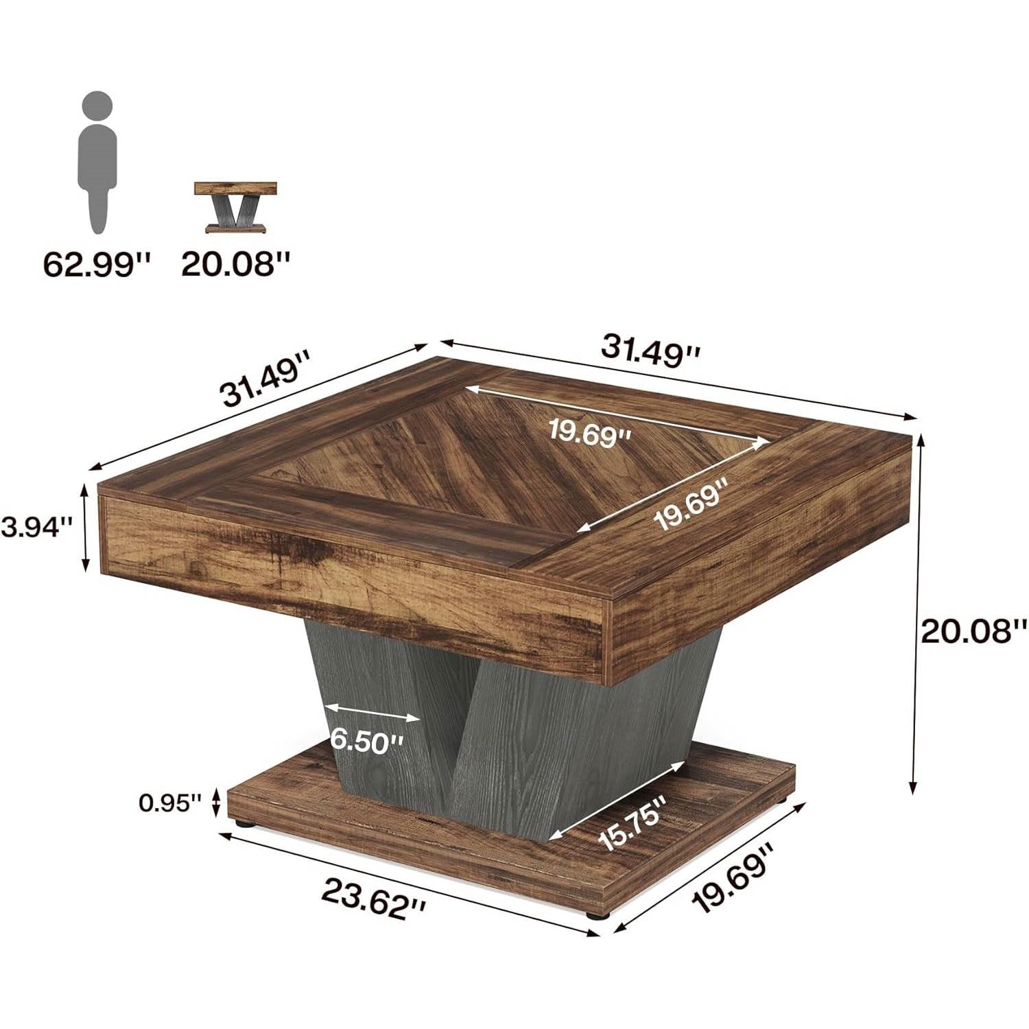 Dimensions of Square Farmhouse Coffee Table in Brown Black Wood Finish with rustic crisscross base and thick MDF tabletop.