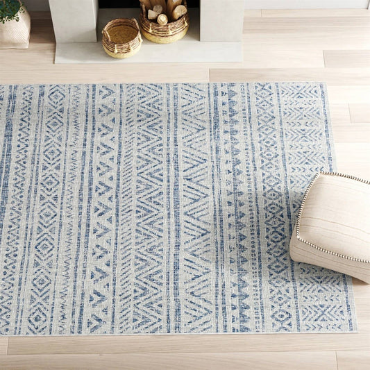 4 ft. x 6 ft. Blue Grey Chevron Coastal Boho Style Indoor Outdoor Area Rug with geometric patterns and chevron motifs