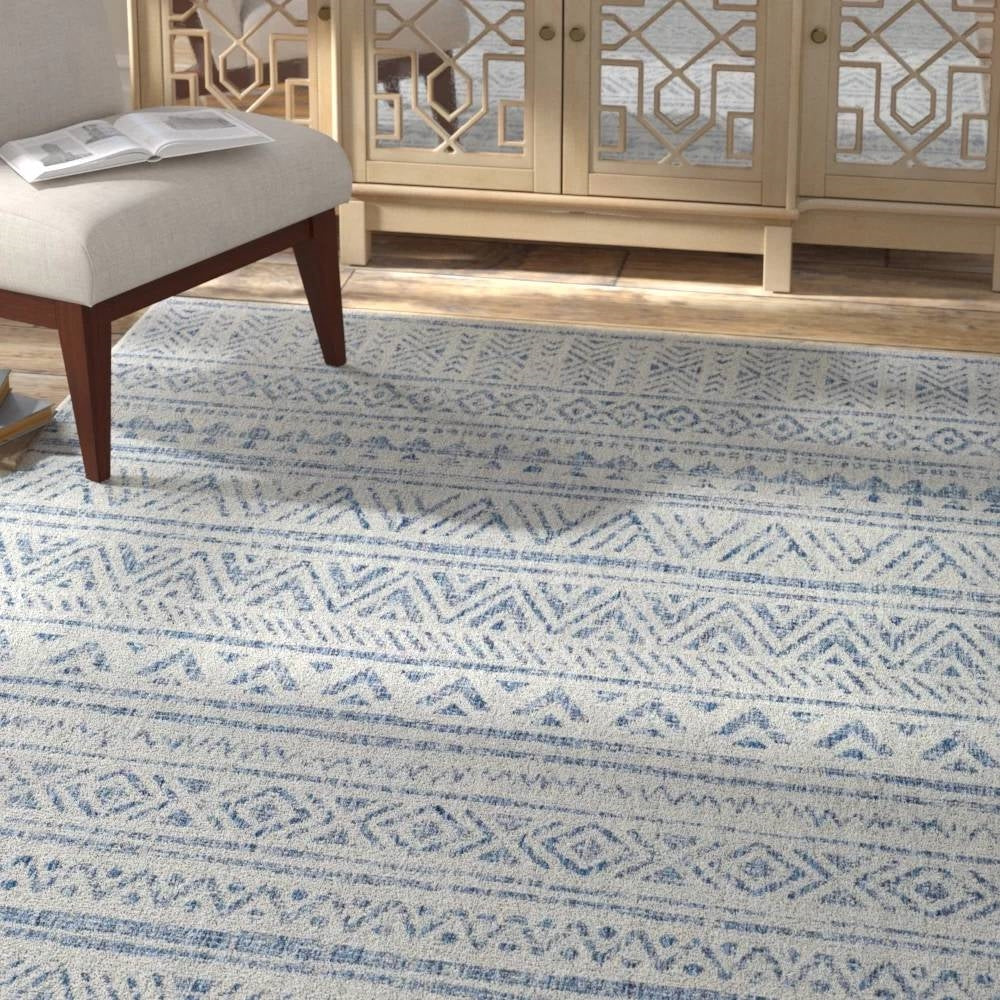 4 ft. x 6 ft. Blue Grey Chevron Coastal Boho Style Indoor Outdoor Area Rug with geometric patterns and chevron motifs.