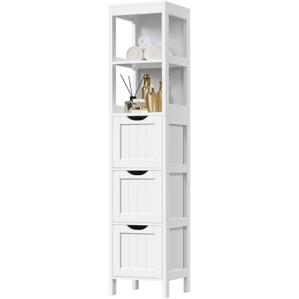 Bathroom Cabinet Tower with 3 Storage Drawers and 2 Shelves in White Wood Finish for bathroom storage and organization.