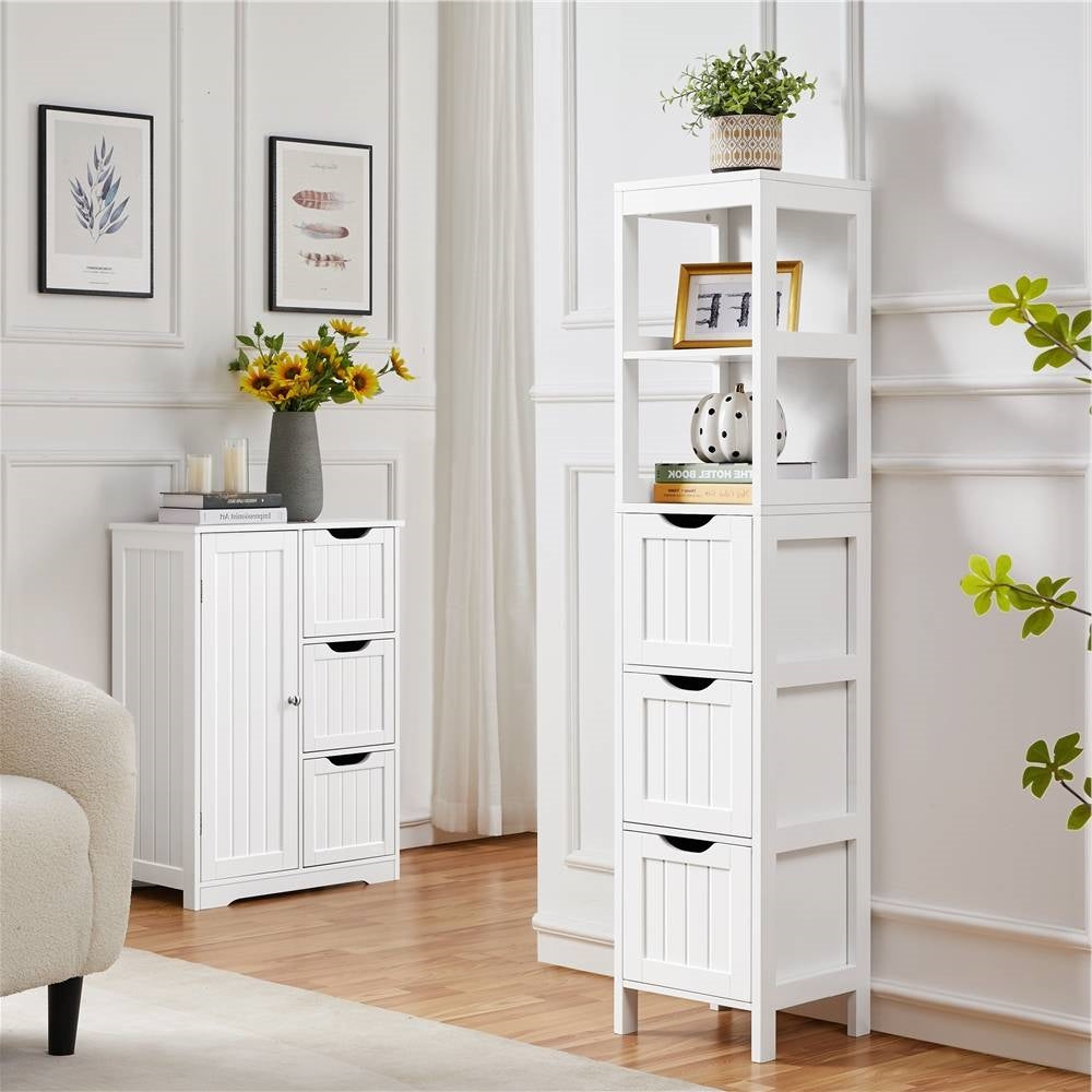 Bathroom Cabinet Tower with 3 Storage Drawers and 2 Shelves in White Wood Finish, ideal for modern bathroom decor and storage solutions.