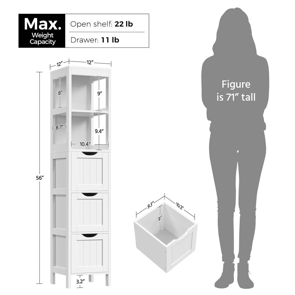 Dimensions of Bathroom Cabinet Tower with 3 Storage Drawers and 2 Shelves in White Wood Finish, max capacity shown next to a figure for scale