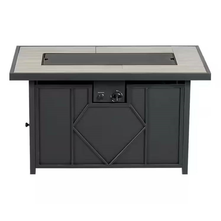 42-inch Outdoor Propane Gas Fire Pit Patio Table with Blue Fire Glass featuring steel base and zinc plated fire bowl.