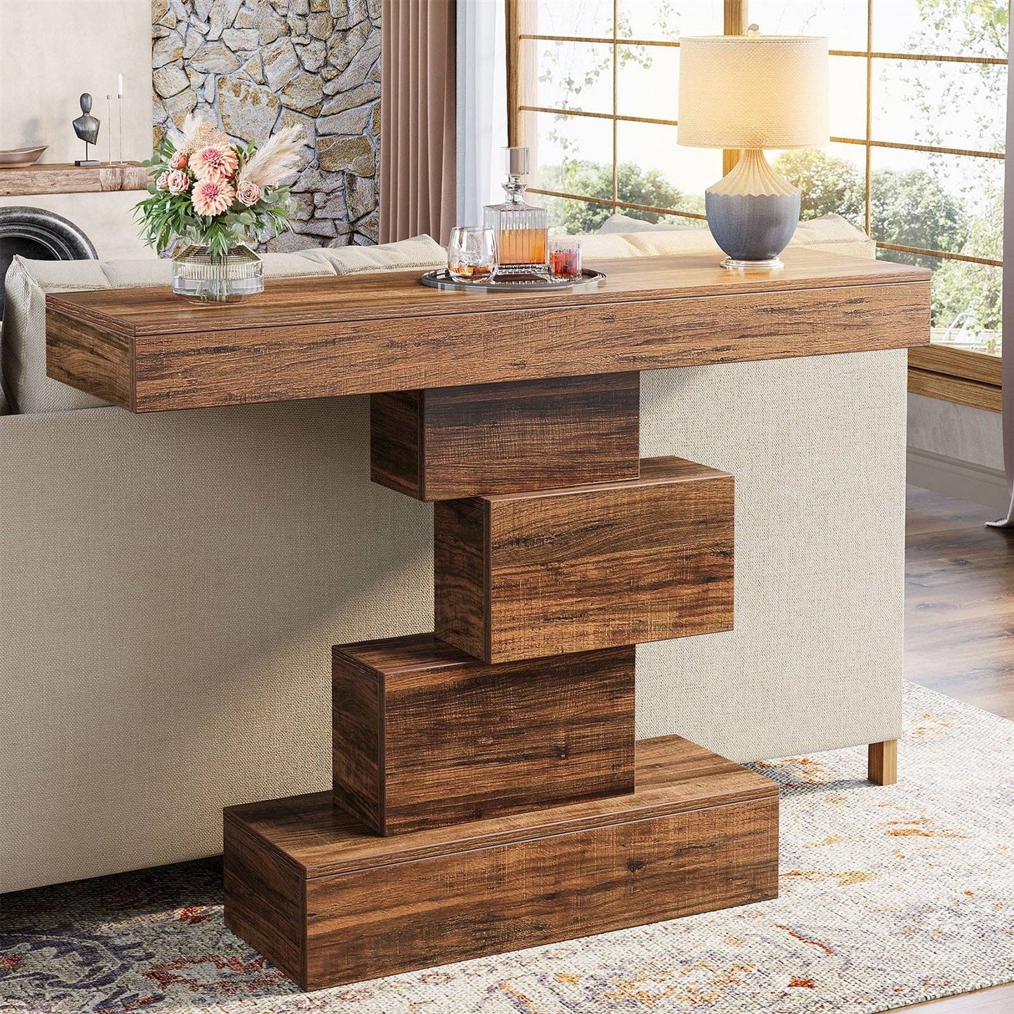 Modern Farmhouse 42-inch Console Accent Sofa Table in Rustic Brown Wood Finish in a living room with geometric base design.