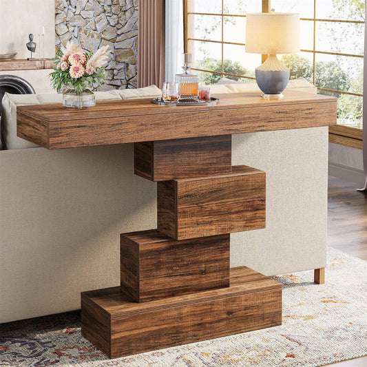 Modern Farmhouse 42-inch Console Accent Sofa Table in Rustic Brown Wood Finish in a living room with geometric base design.