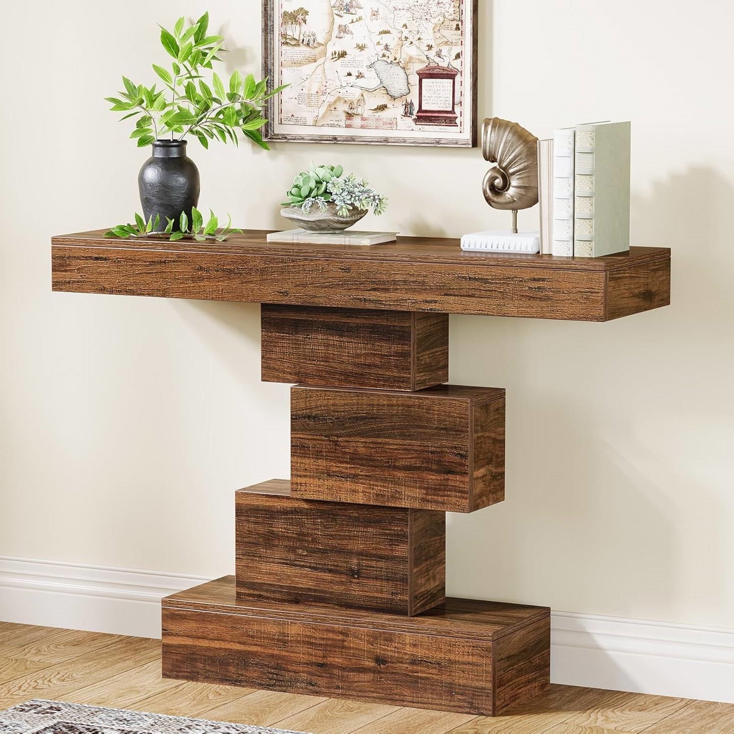 Modern Farmhouse 42-inch Console Accent Sofa Table in Rustic Brown Wood Finish with geometric base and decorative accents.