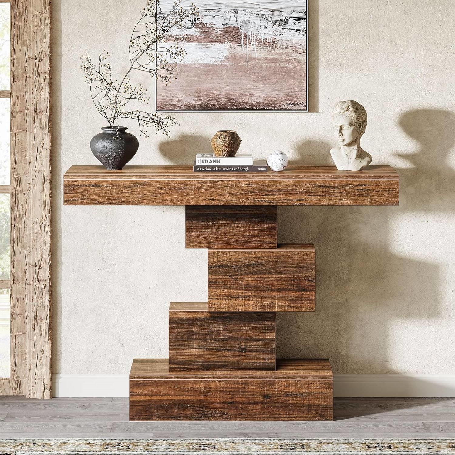 Modern Farmhouse 42-inch Console Accent Sofa Table in Rustic Brown Wood Finish with unique geometric base in living room setting
