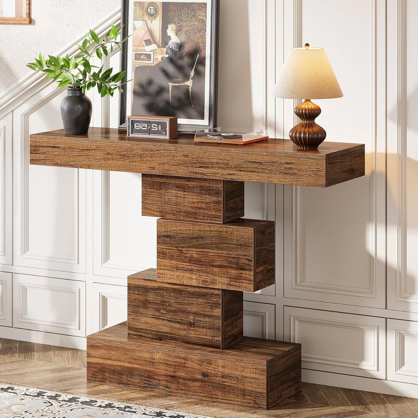 Modern Farmhouse 42-inch Console Accent Sofa Table in Rustic Brown Wood Finish with geometric base and decorative items