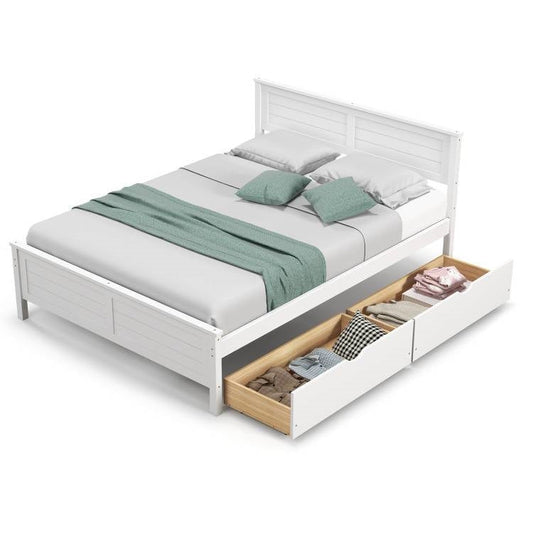 Full Size White Platform Bed Frame with 2 Storage Drawers, featuring slide-out drawers for extra storage space under the bed.