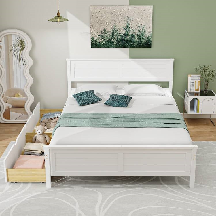 Full Size White Platform Bed Frame with 2 Storage Drawers in modern bedroom setting with drawer open
