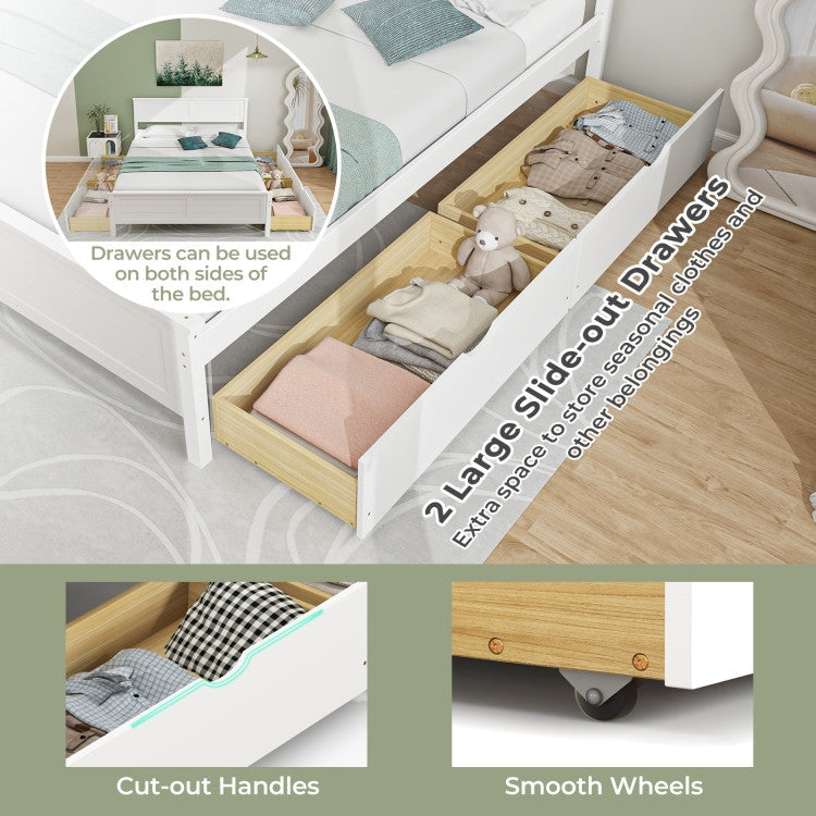 Full Size White Platform Bed Frame with 2 Storage Drawers featuring large slide-out drawers with cut-out handles and smooth wheels.