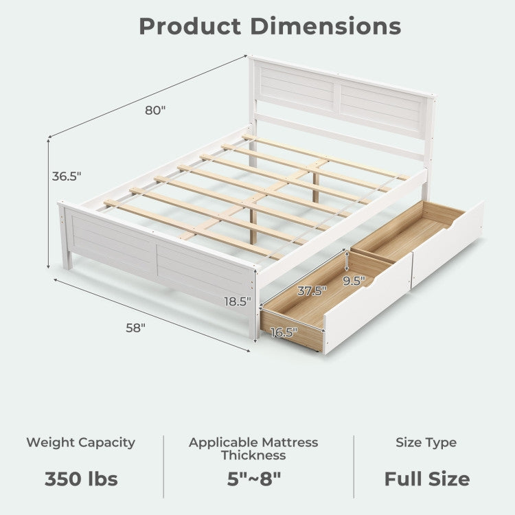 Full Size White Platform Bed Frame with 2 Storage Drawers with dimensions and weight capacity details