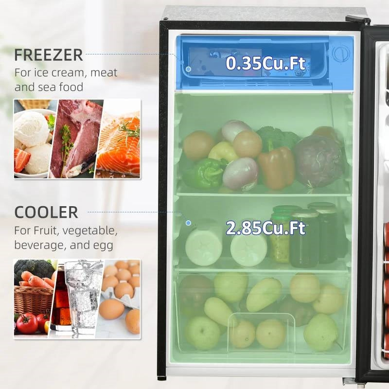 Compact Refrigerator Mini Fridge/Freezer 3.2 Cu.Ft, Black with 0.35Cu. Ft freezer and 2.85Cu. Ft cooler for versatile storage.
