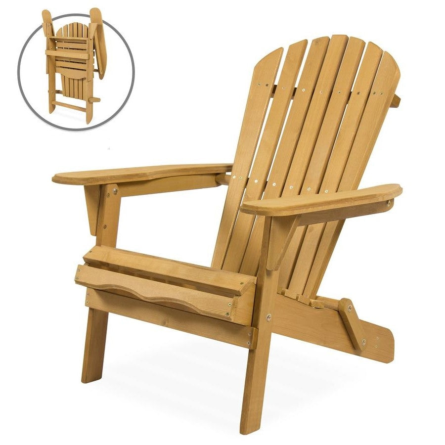 All Weather Adirondack Large Foldable Chair Natural Finish with classic design, sturdy hemlock wood, and convenient folding feature.