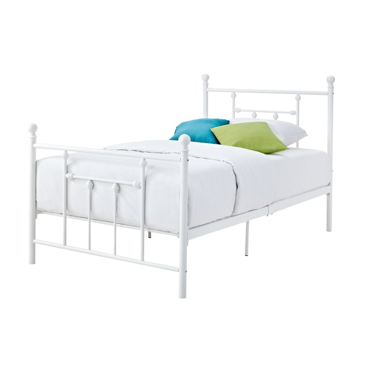 Full size White Metal Platform Bed with Headboard and Footboard, Victorian style, white finish, round finial posts, elegant design.