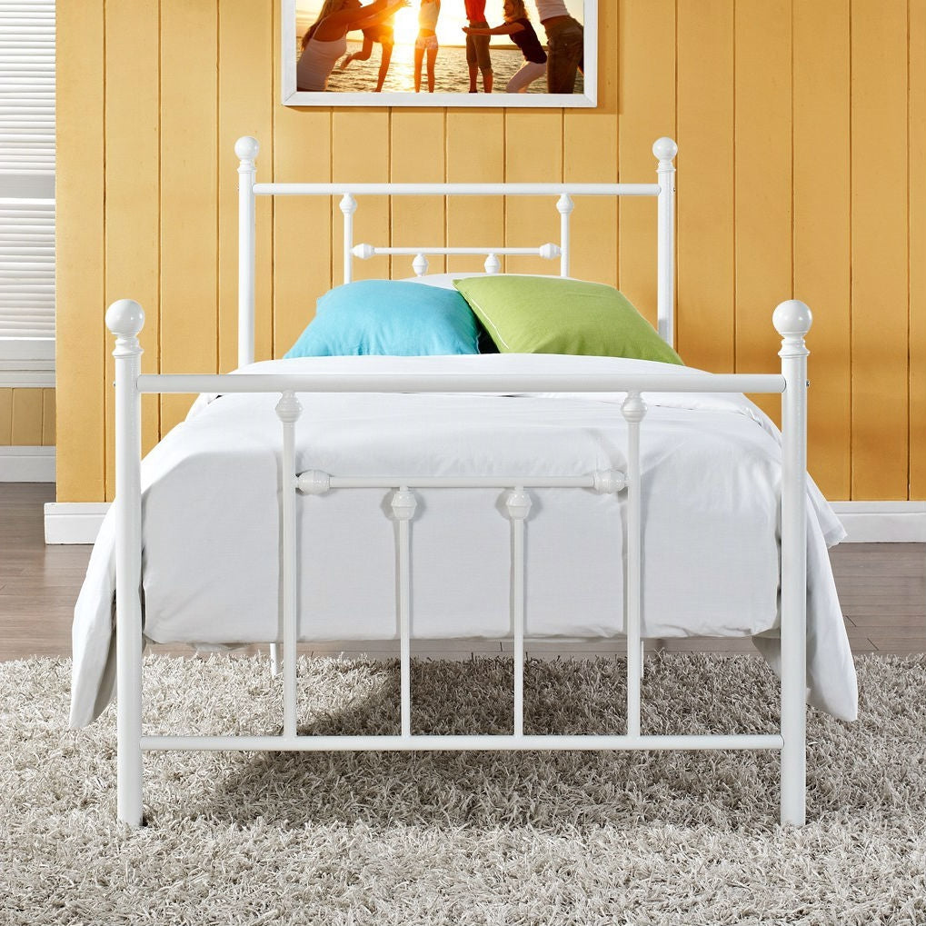 Full size White Metal Platform Bed with Headboard and Footboard showcased in a bedroom