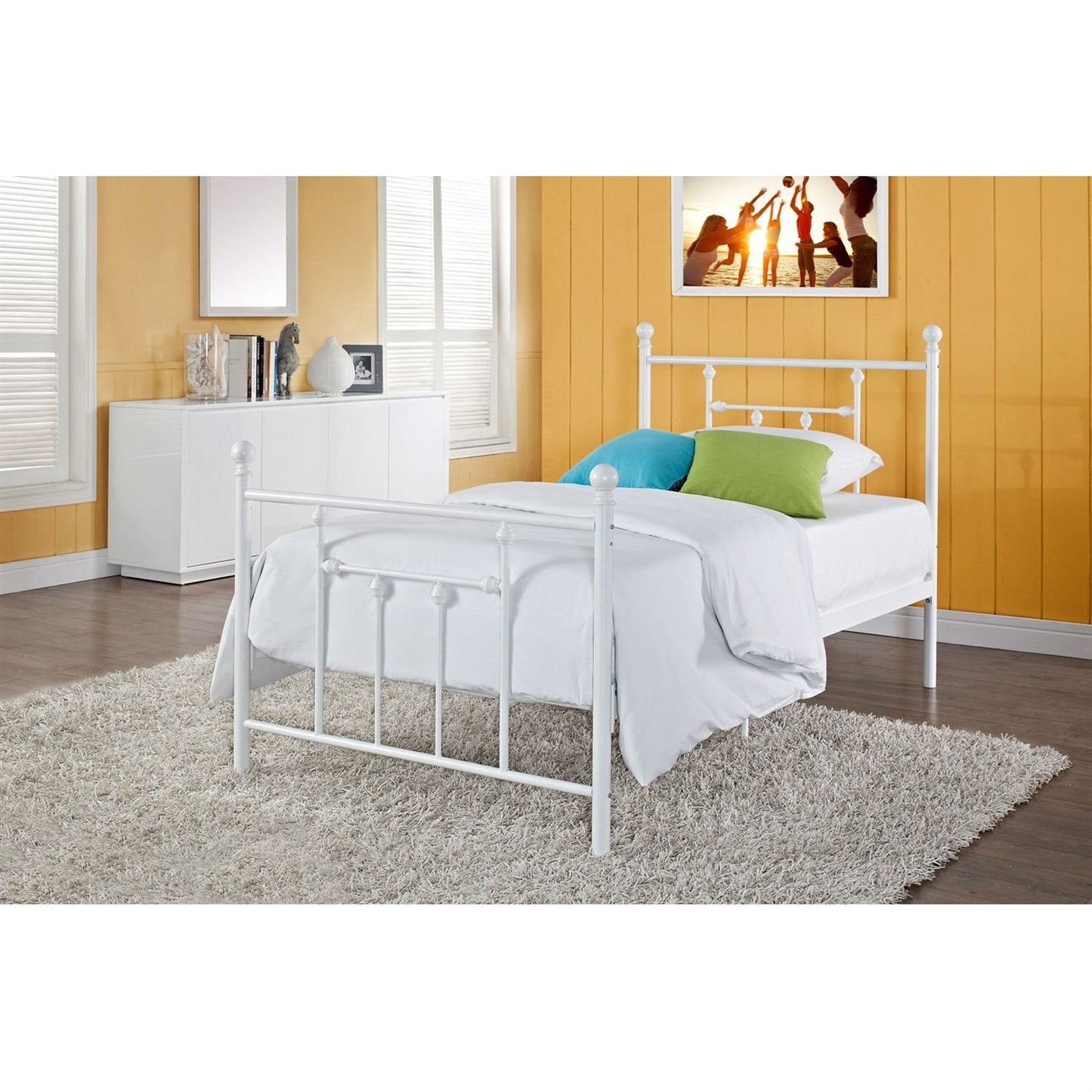 Full size White Metal Platform Bed with Headboard and Footboard in a modern bedroom setting