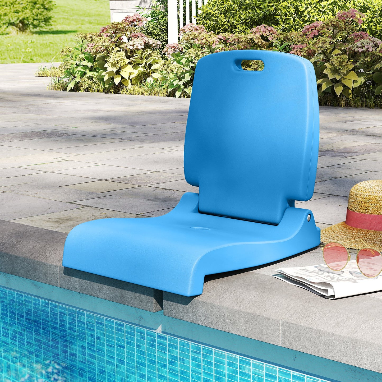 Foldable Outdoor Pool Chair with Handle and Back Support-Blue by a poolside