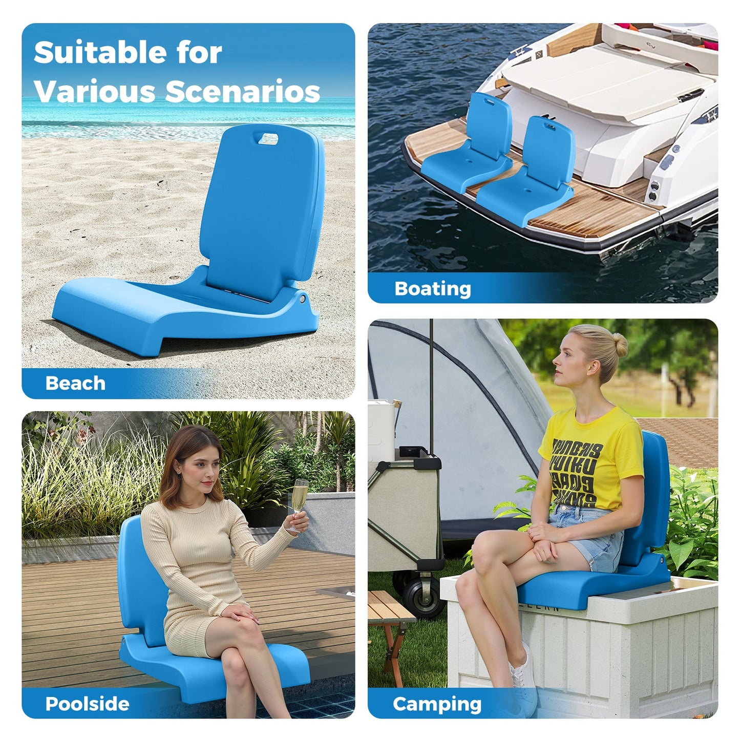 Foldable Outdoor Pool Chair with Handle and Back Support-Blue for beach, boating, poolside, camping scenarios.