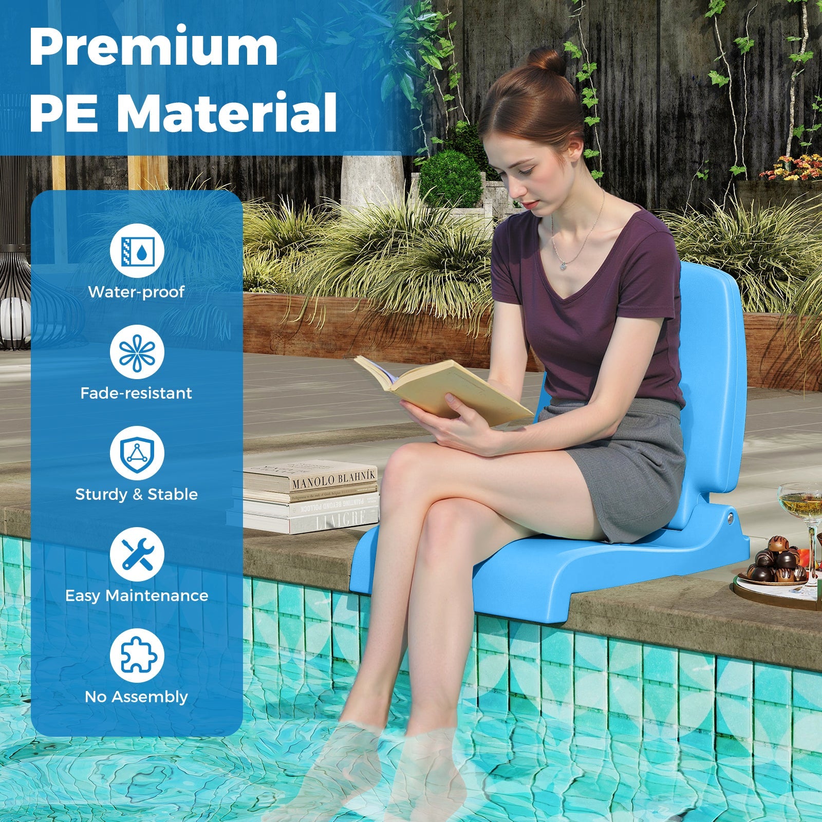 Foldable Outdoor Pool Chair with Handle and Back Support-Blue in use by a woman by the pool, showcasing premium PE material.