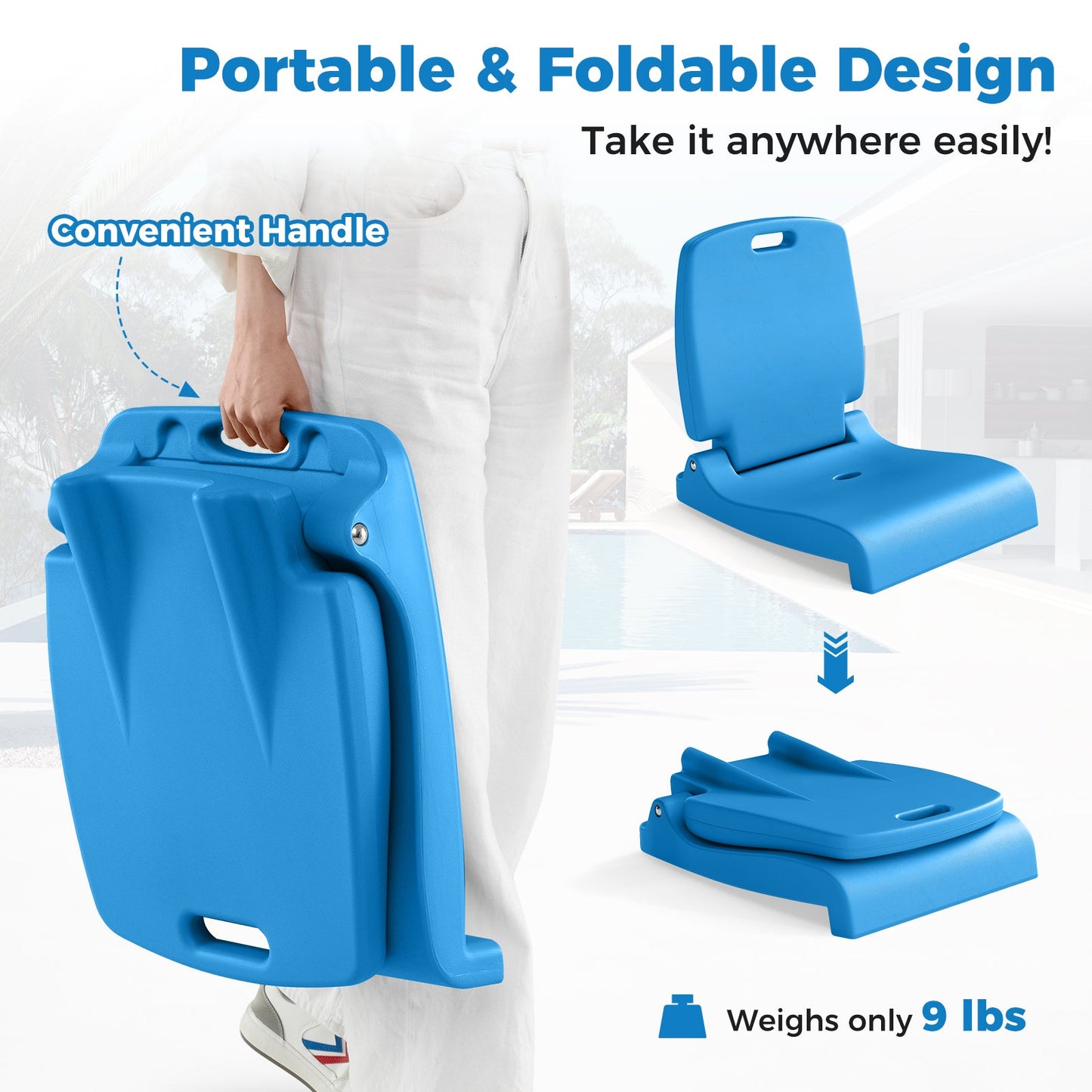 Foldable Outdoor Pool Chair with Handle and Back Support-Blue shown folded and unfolded with handle for easy carrying
