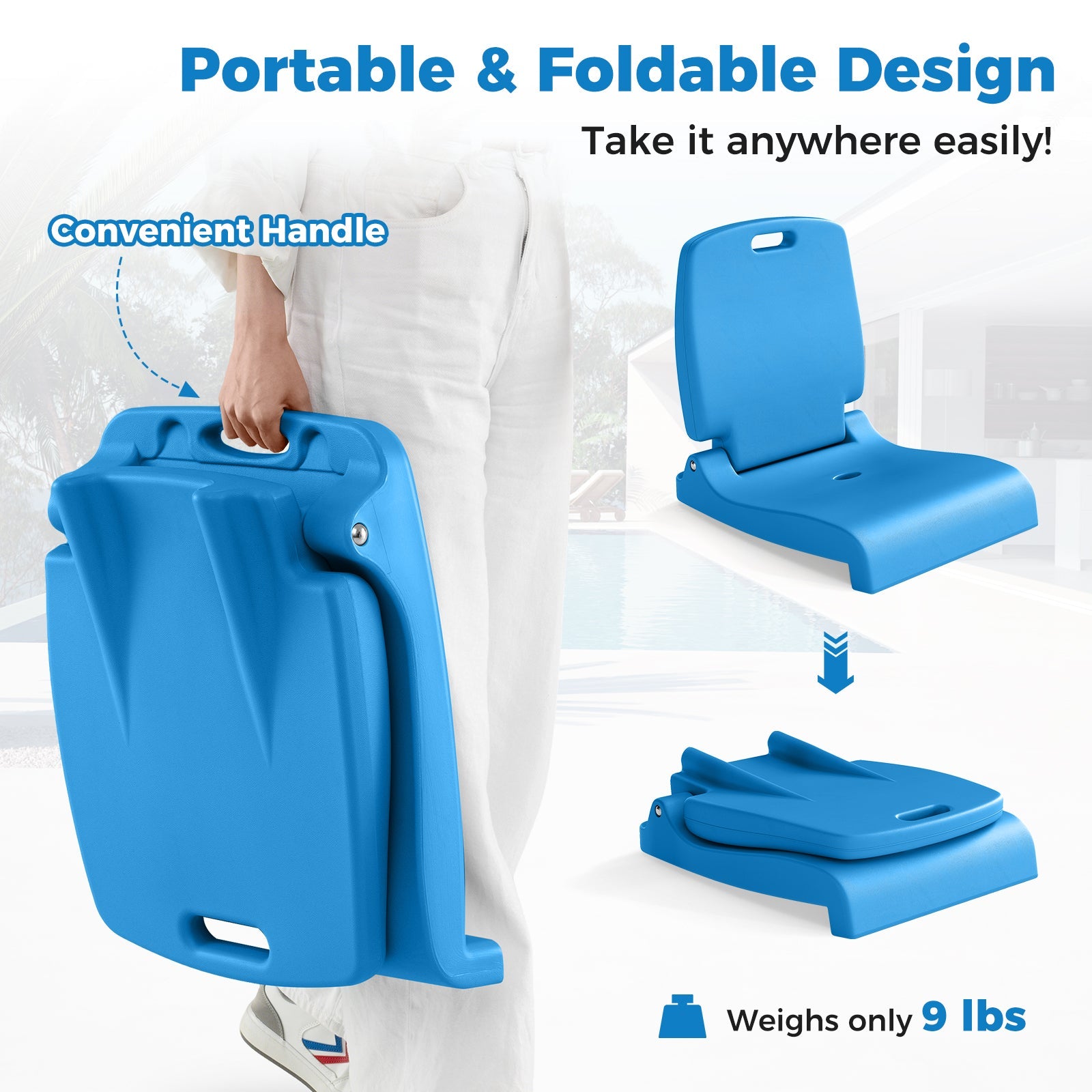 Foldable Outdoor Pool Chair with Handle and Back Support-Blue shown folded and unfolded with handle for easy carrying