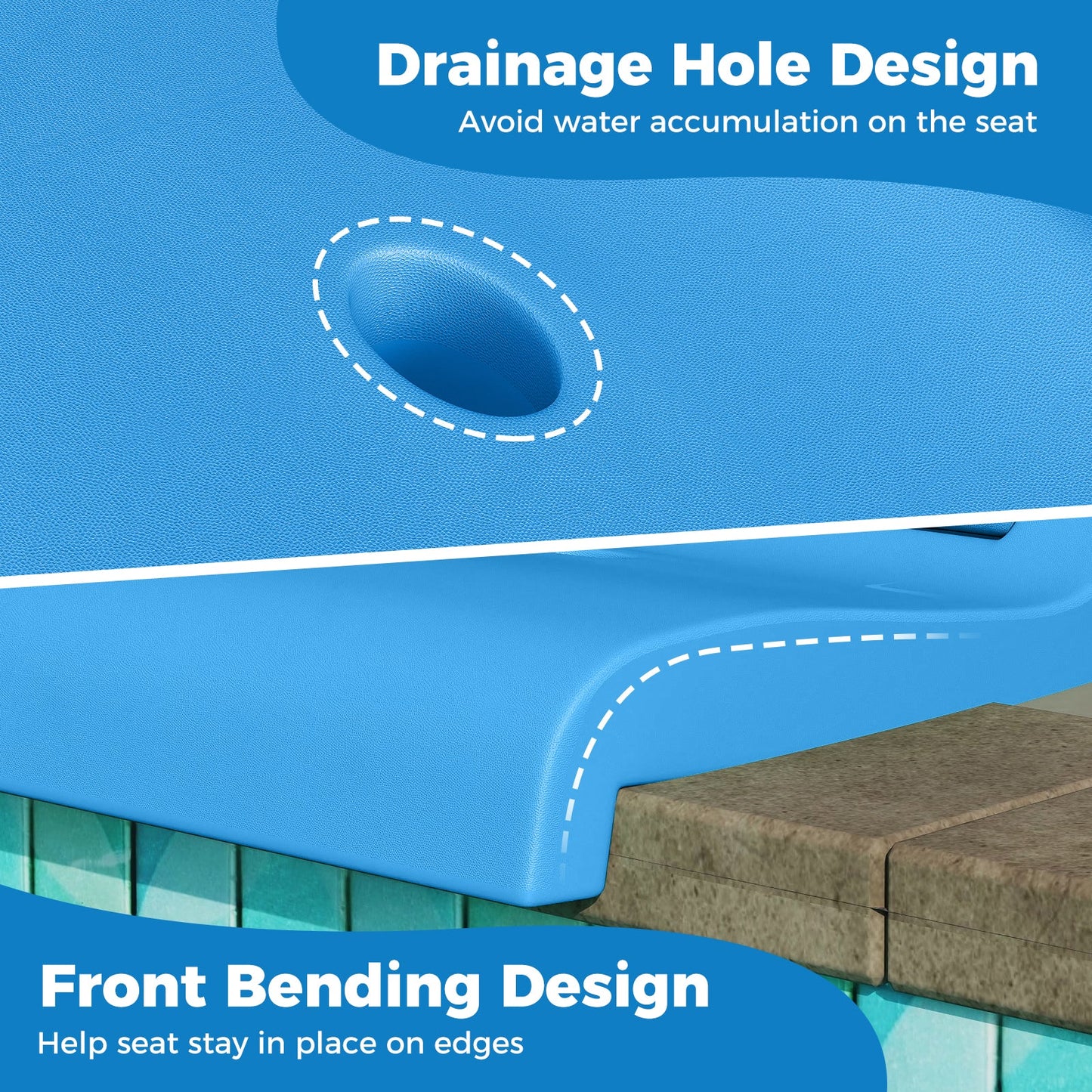 Close-up of Foldable Outdoor Pool Chair with Handle and Back Support-Blue showing drainage hole and bending design on the seat.