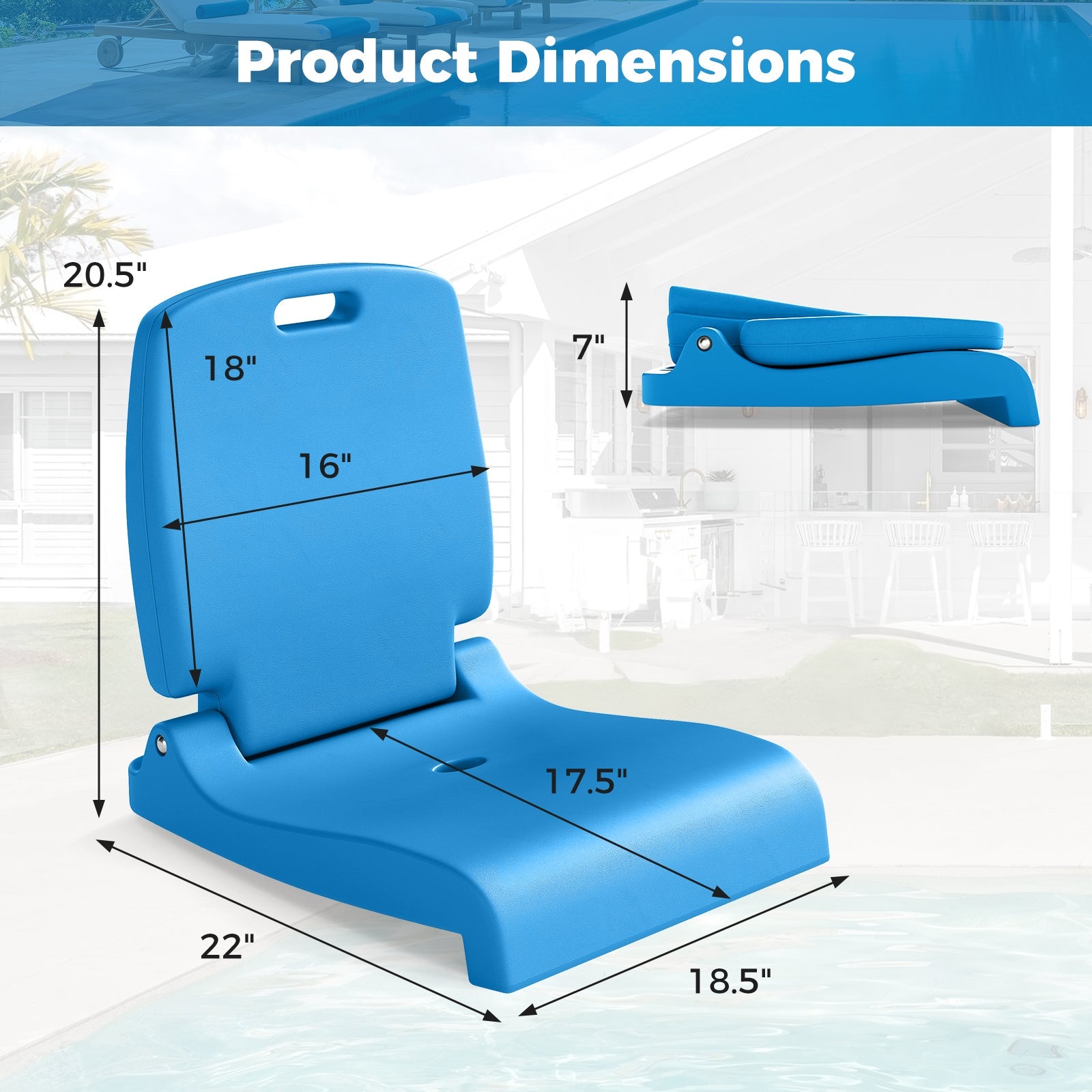 Foldable Outdoor Pool Chair with Handle and Back Support-Blue showing dimensions and foldability