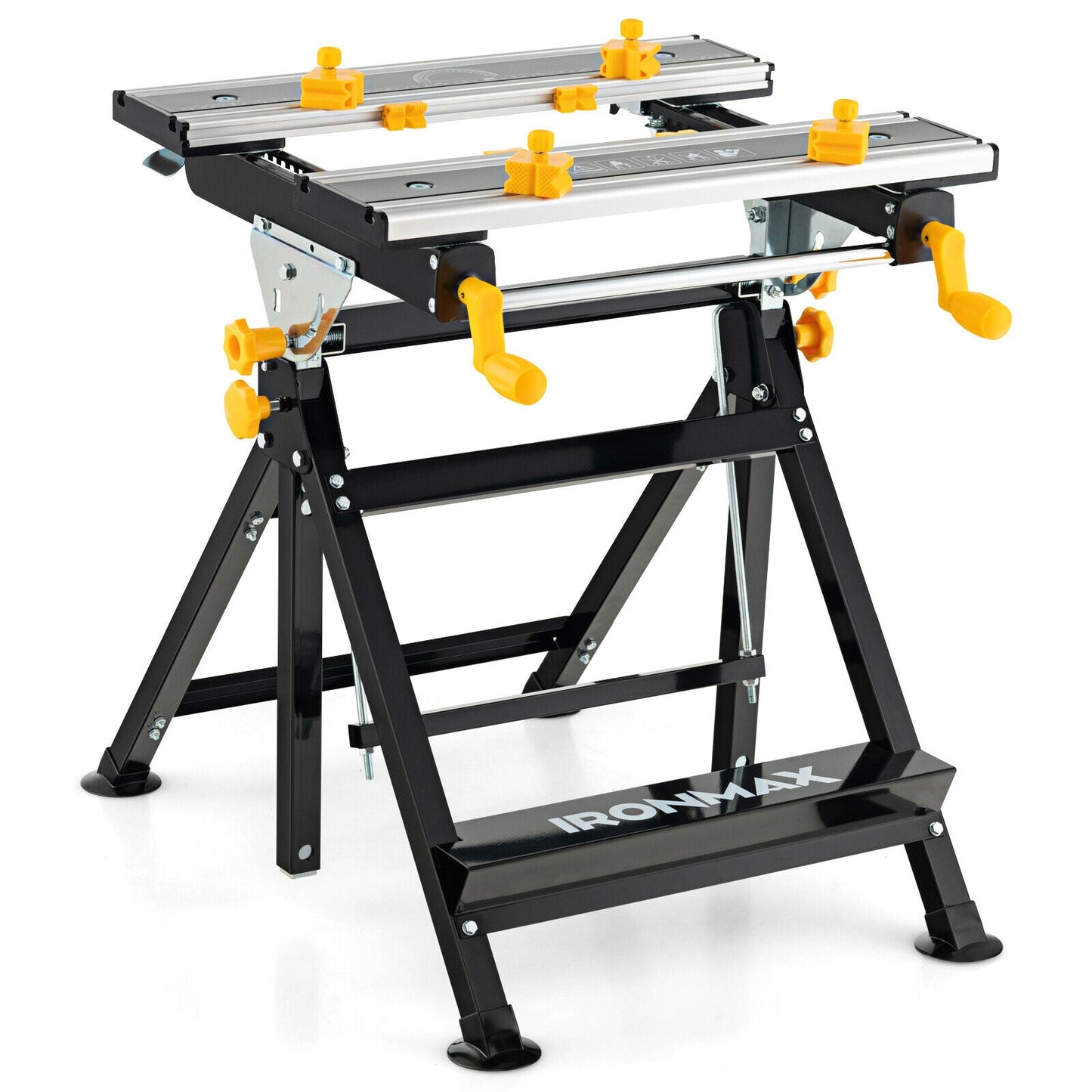 Folding Work Table with Tiltable Platform and 7-level Adjustable Height-Black, featuring sliding clamps and extendable tabletop
