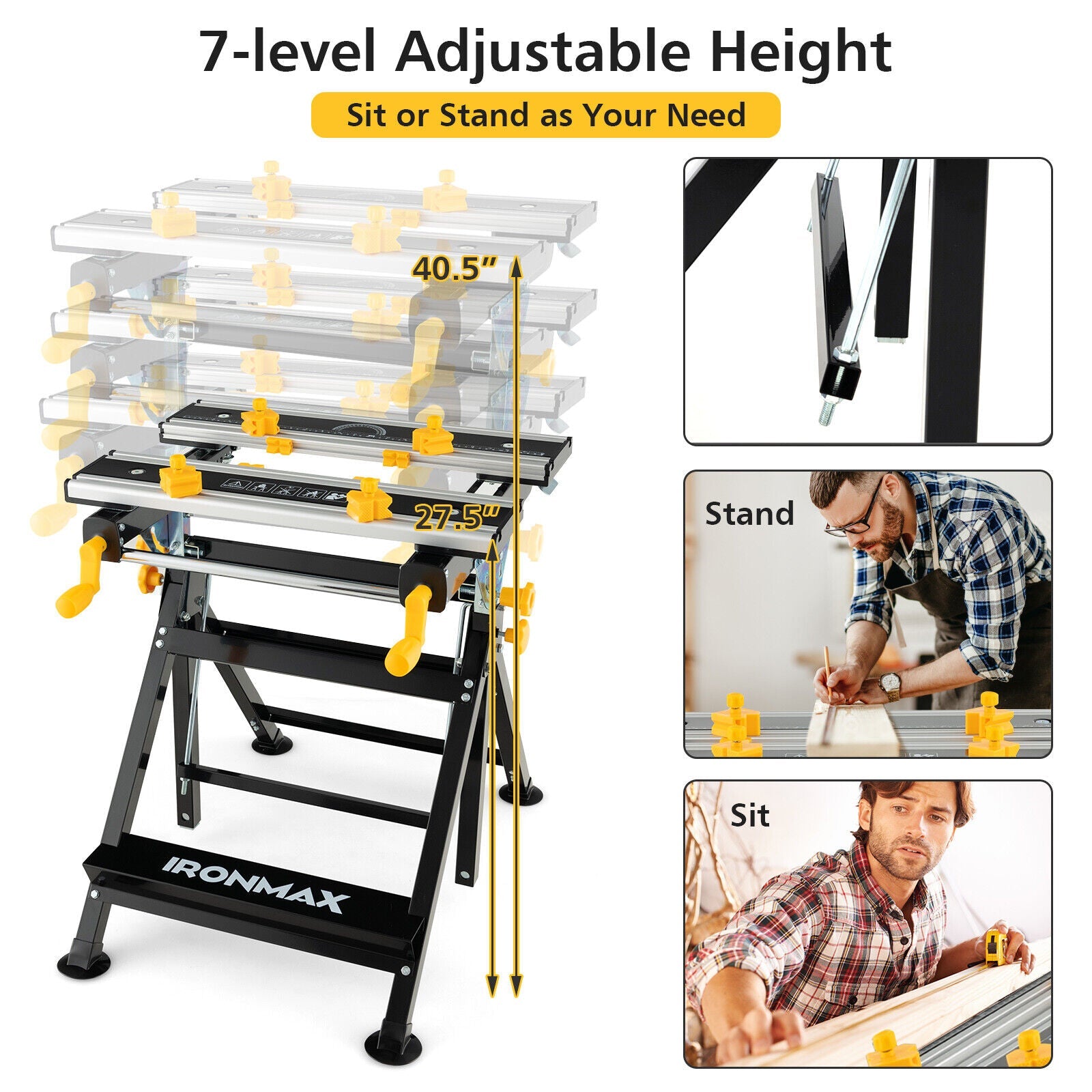 Folding Work Table with Tiltable Platform and 7-level Adjustable Height-Black, showcasing height settings and user working positions