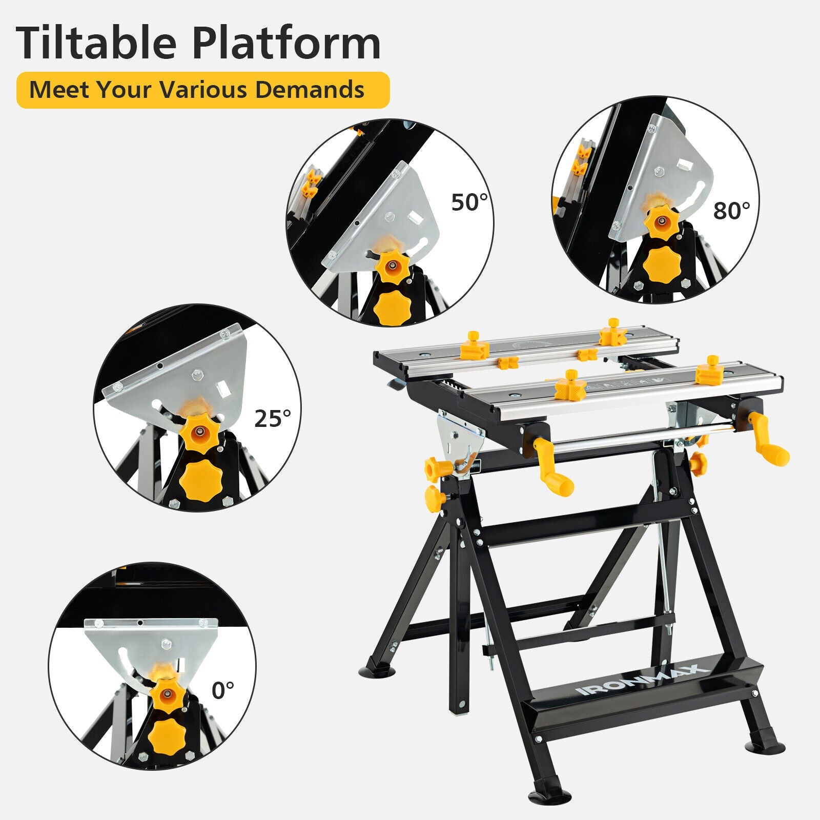 Folding Work Table with Tiltable Platform and 7-level Adjustable Height-Black showcasing adjustable angles and sliding clamps