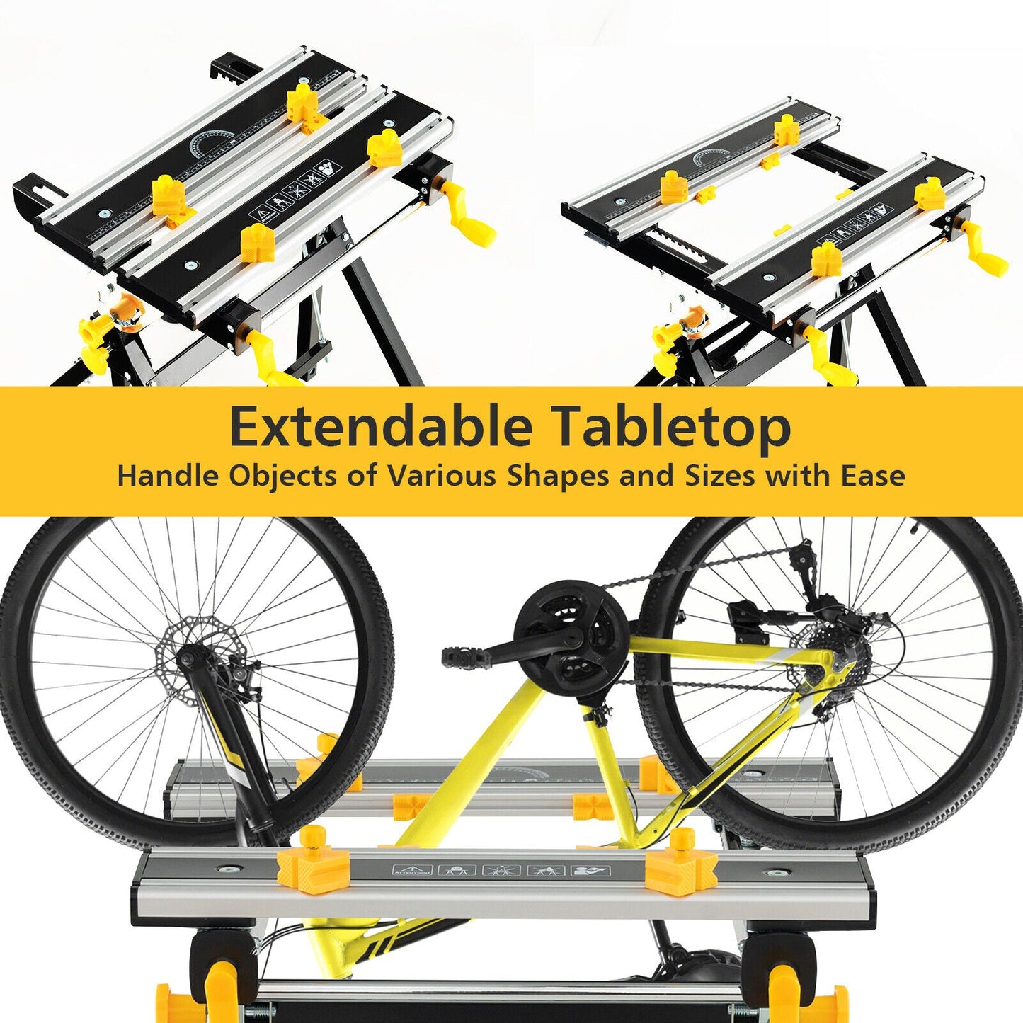 Folding Work Table with Tiltable Platform and 7-level Adjustable Height-Black featuring extendable tabletop and clamps.