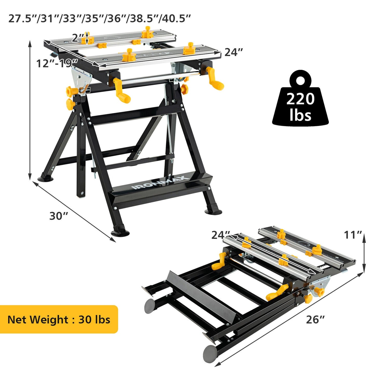 Folding Work Table with Tiltable Platform and 7-level Adjustable Height-Black showing dimensions and weight capacity.