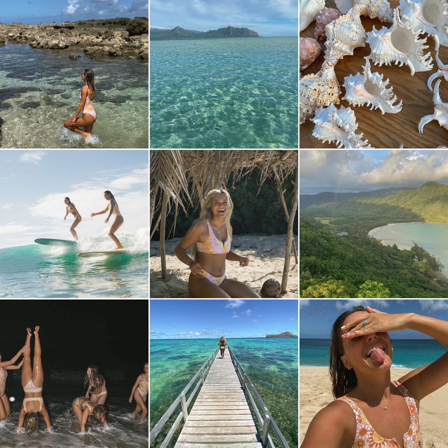 Collage showcasing beachfront adventures, sea shells, scenic views, and summertime fun, perfect for the aesthetic filters effect.