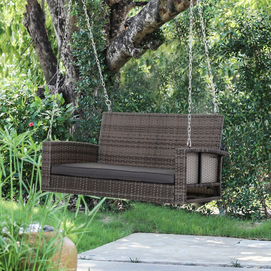 Grey Tones Wicker Porch Swing 7ft Hanging Chain with Dark Grey Padded Cushion in garden
