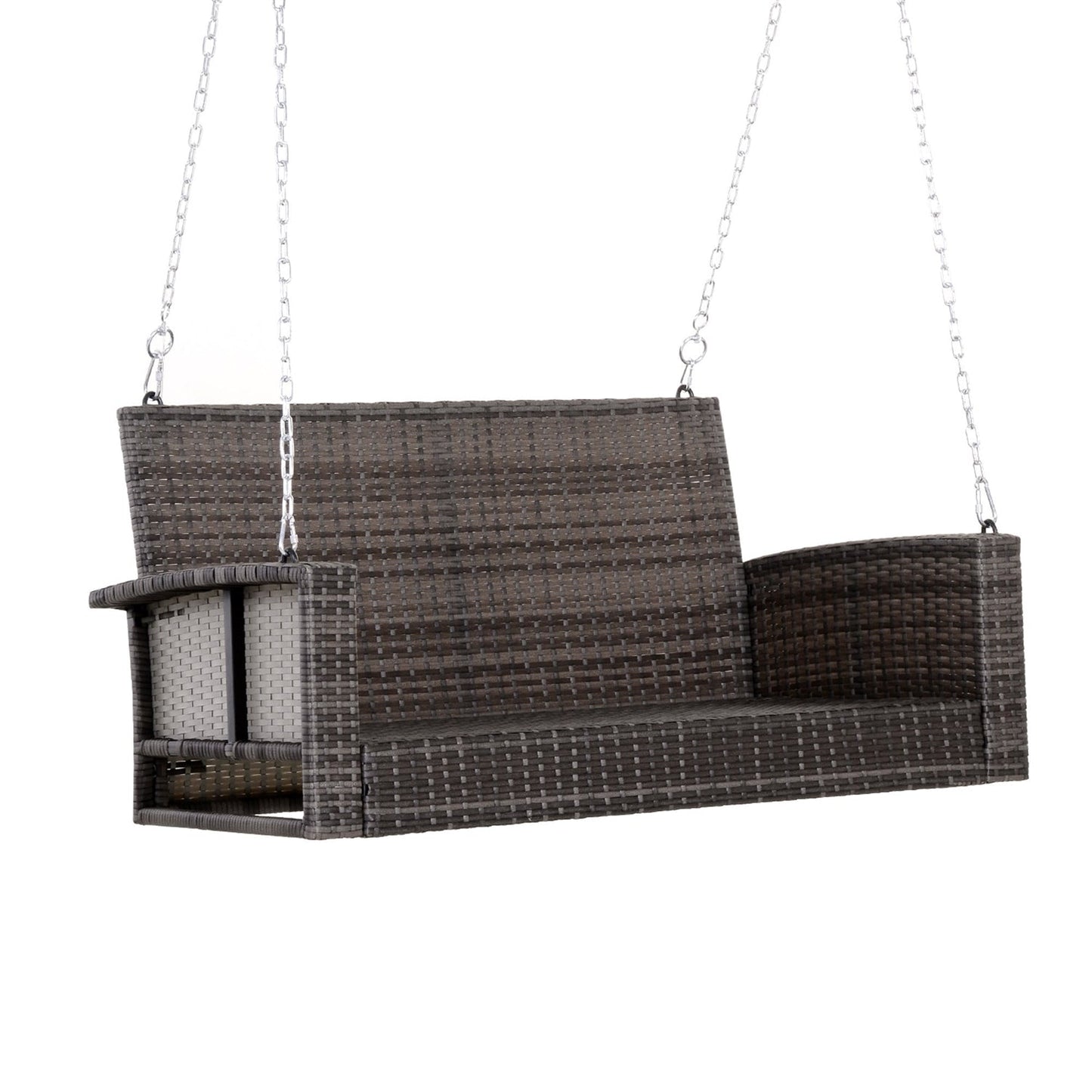 Grey Tones Wicker Porch Swing 7ft Hanging Chain with Dark Grey Padded Cushion, perfect Southern charm for backyard or porch.